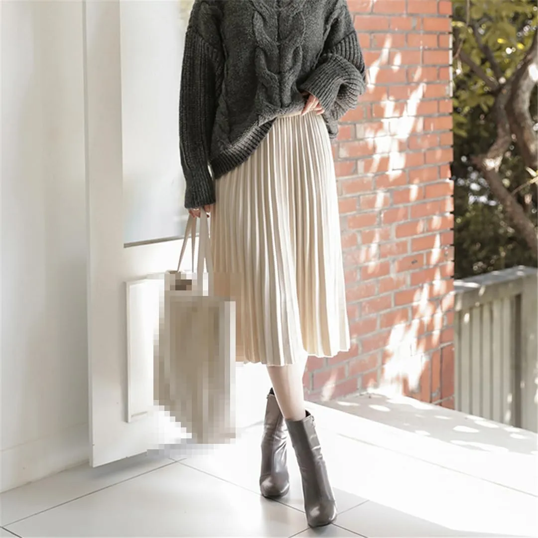 Women Midi Pleated Knitted Skirt Autumn Winter Knee Length A Line High Waist Skirt