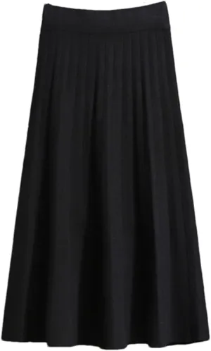 Women Midi Pleated Knitted Skirt Autumn Winter Knee Length A Line High Waist Skirt