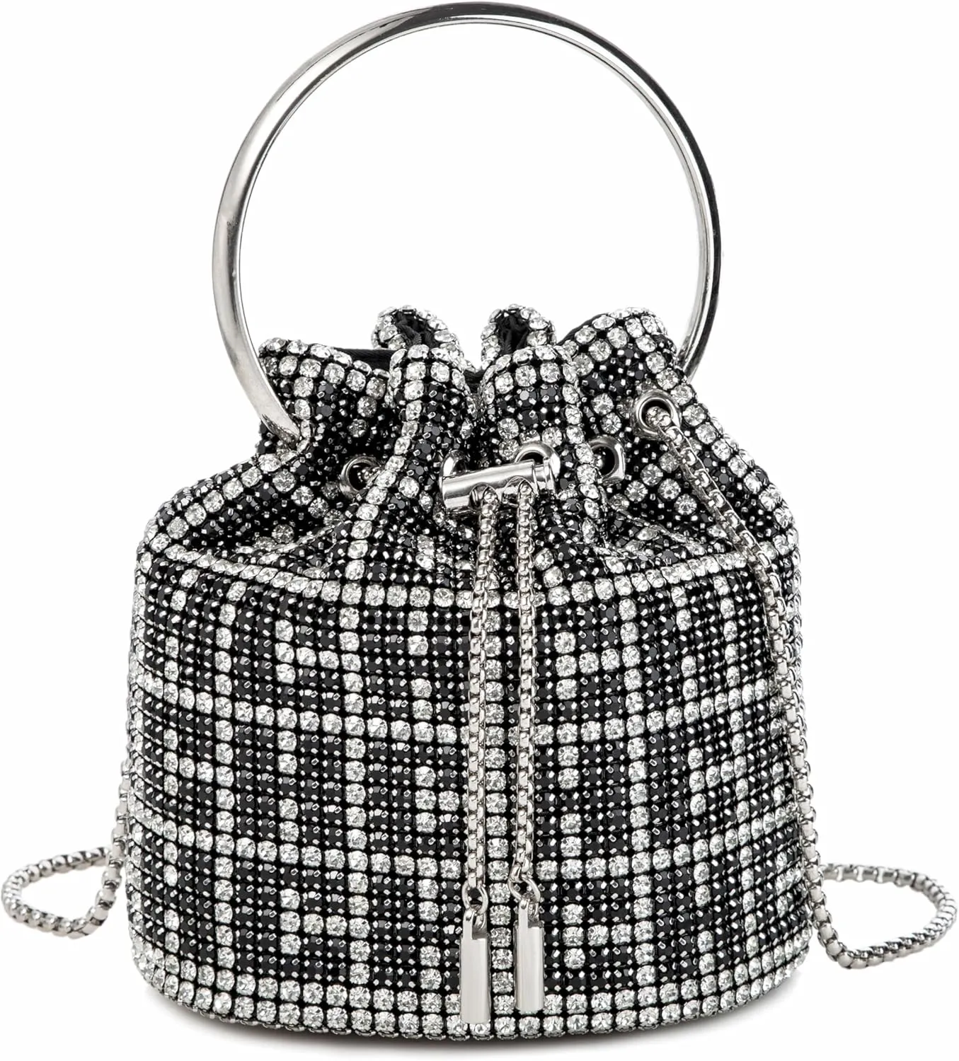 Women Rhinestone Bucket Bag Ring Handle Sparkling Evening Clutch with Detachable Strap for Wedding Party