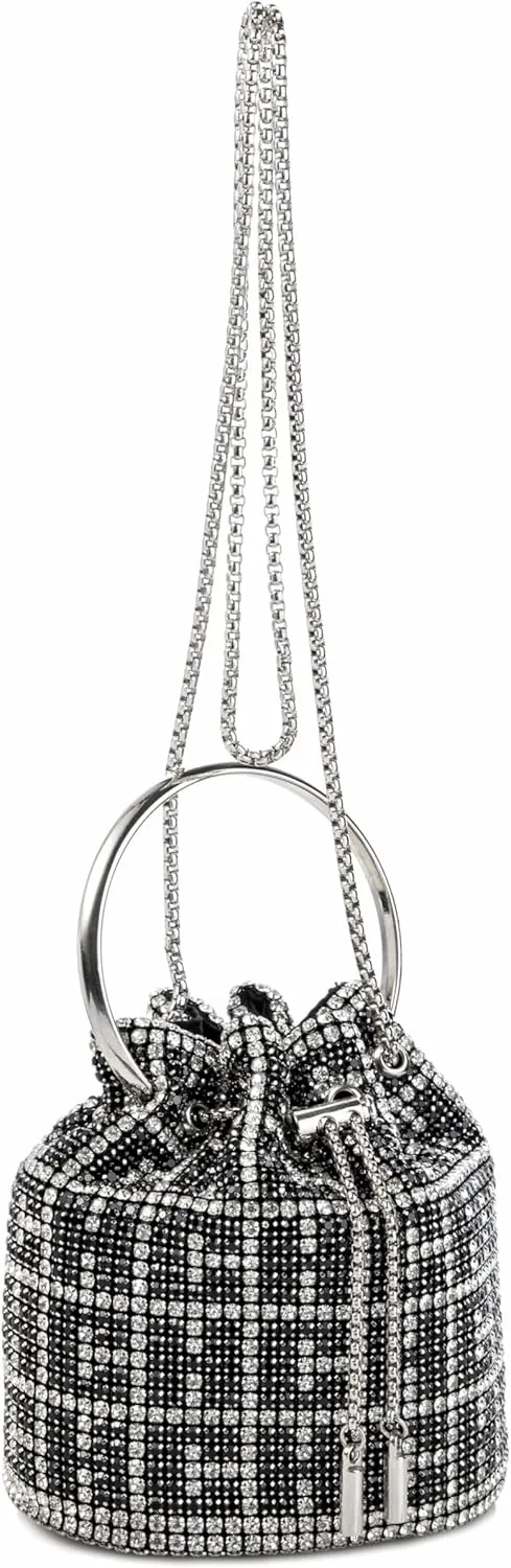 Women Rhinestone Bucket Bag Ring Handle Sparkling Evening Clutch with Detachable Strap for Wedding Party
