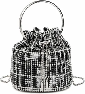 Women Rhinestone Bucket Bag Ring Handle Sparkling Evening Clutch with Detachable Strap for Wedding Party