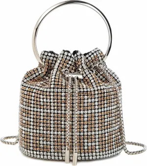 Women Rhinestone Bucket Bag Ring Handle Sparkling Evening Clutch with Detachable Strap for Wedding Party