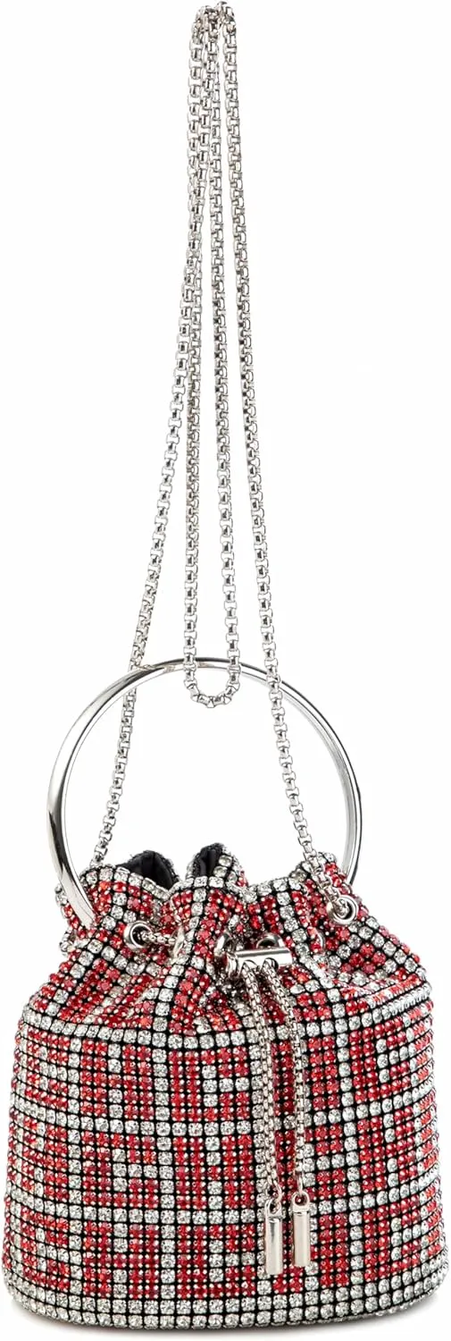 Women Rhinestone Bucket Bag Ring Handle Sparkling Evening Clutch with Detachable Strap for Wedding Party
