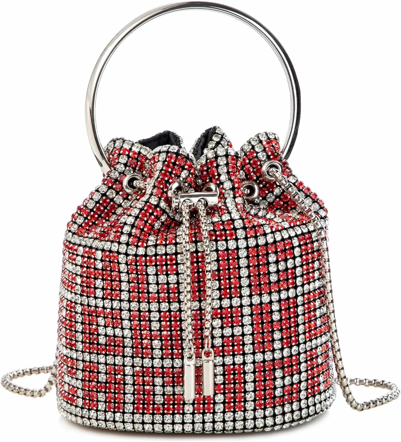 Women Rhinestone Bucket Bag Ring Handle Sparkling Evening Clutch with Detachable Strap for Wedding Party