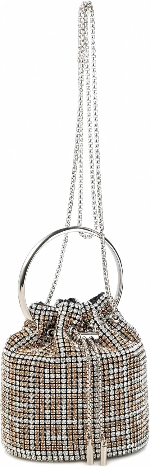 Women Rhinestone Bucket Bag Ring Handle Sparkling Evening Clutch with Detachable Strap for Wedding Party