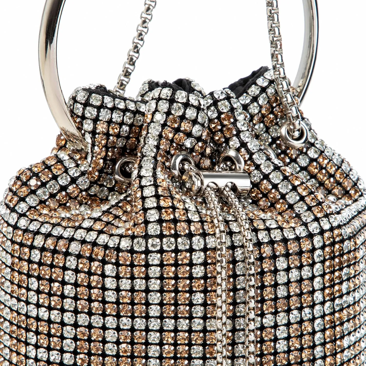 Women Rhinestone Bucket Bag Ring Handle Sparkling Evening Clutch with Detachable Strap for Wedding Party