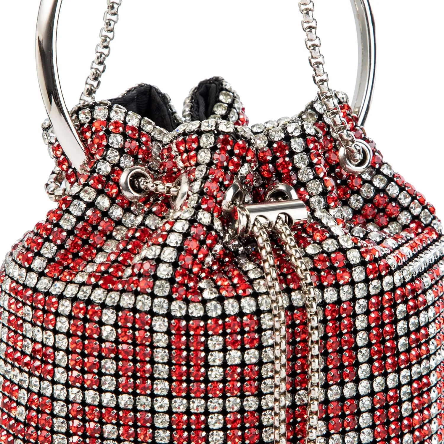 Women Rhinestone Bucket Bag Ring Handle Sparkling Evening Clutch with Detachable Strap for Wedding Party