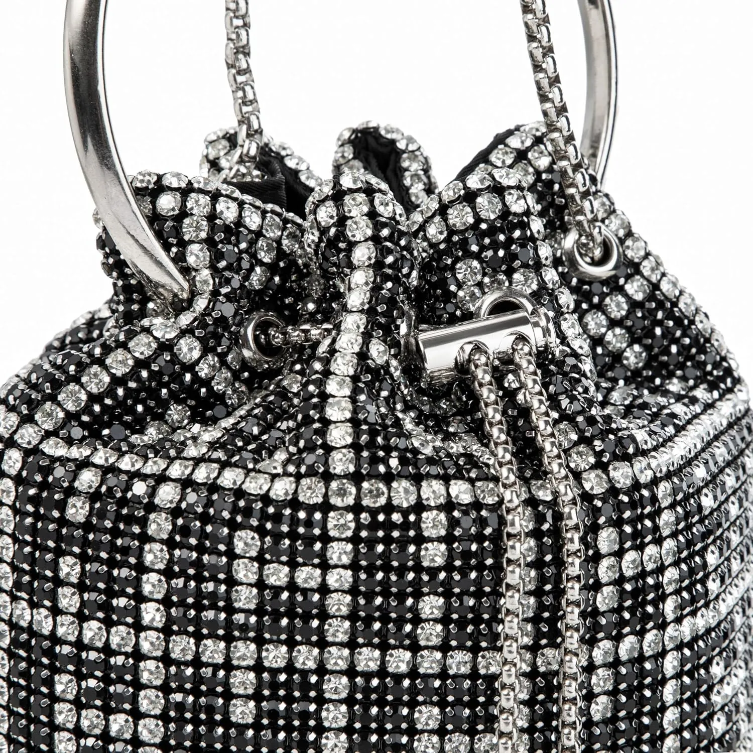 Women Rhinestone Bucket Bag Ring Handle Sparkling Evening Clutch with Detachable Strap for Wedding Party