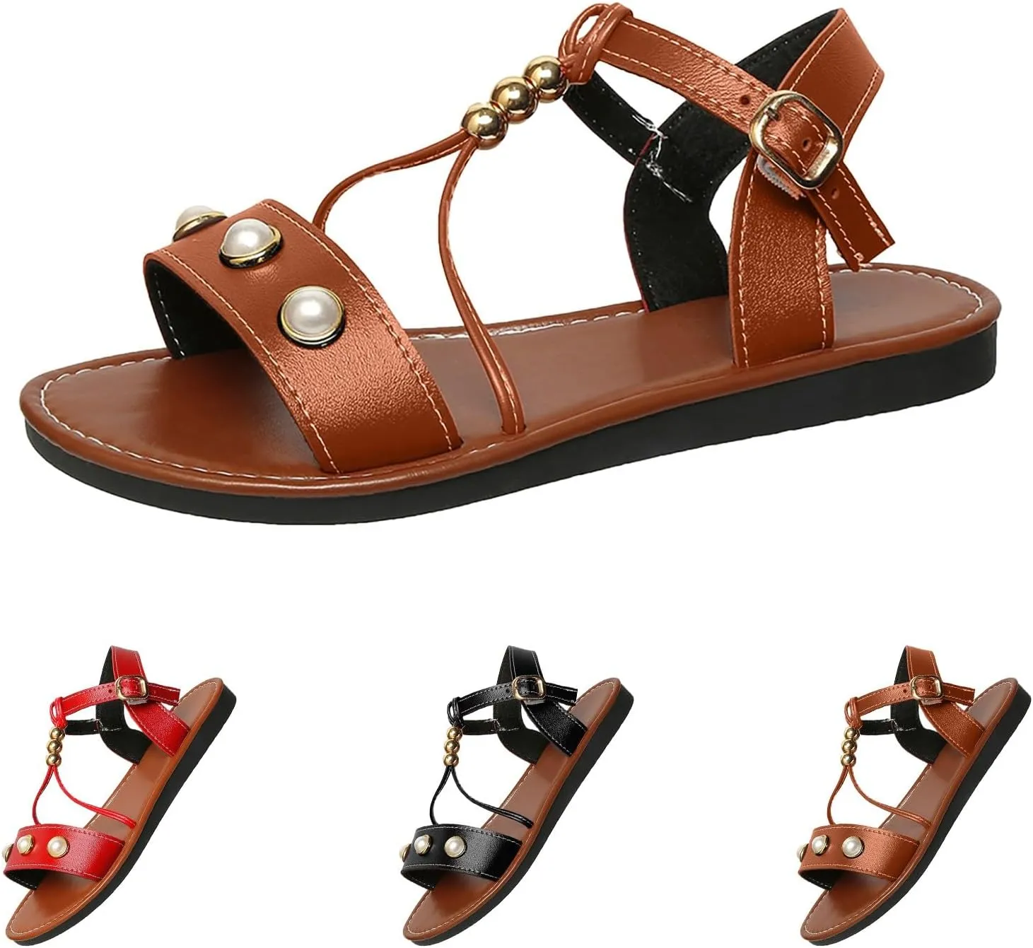 Women Rhinestone Sandals Buckle Bohemian Pearl Crystal Flat Elastic Ankle Strap Dress Open Toe Bling Beach Sandal