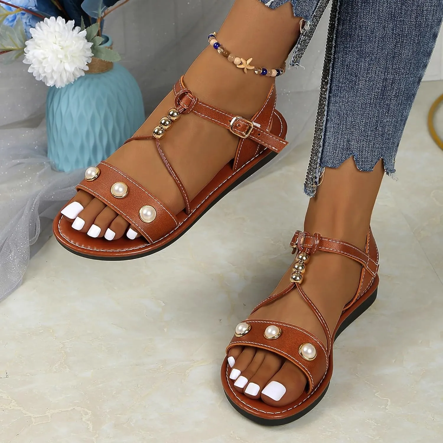 Women Rhinestone Sandals Buckle Bohemian Pearl Crystal Flat Elastic Ankle Strap Dress Open Toe Bling Beach Sandal