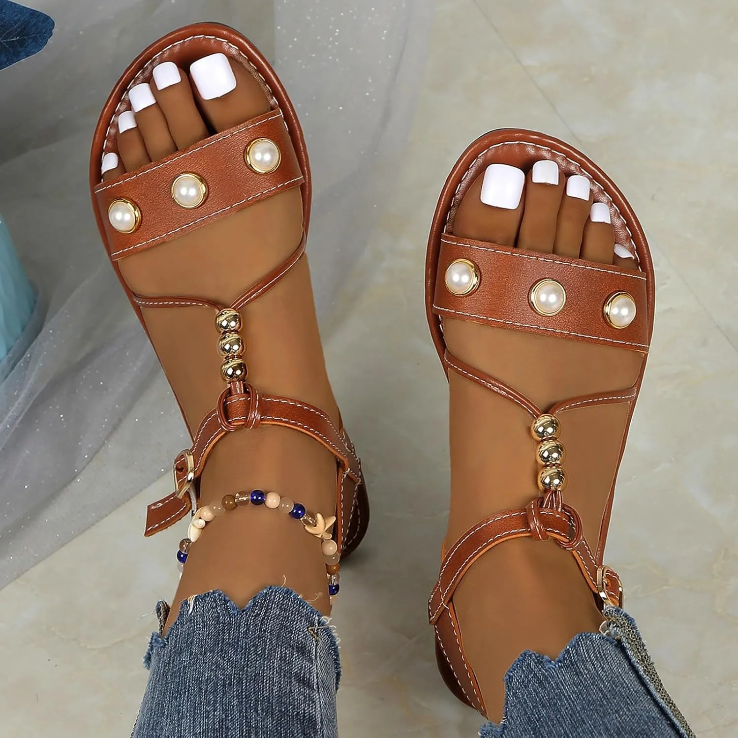 Women Rhinestone Sandals Buckle Bohemian Pearl Crystal Flat Elastic Ankle Strap Dress Open Toe Bling Beach Sandal