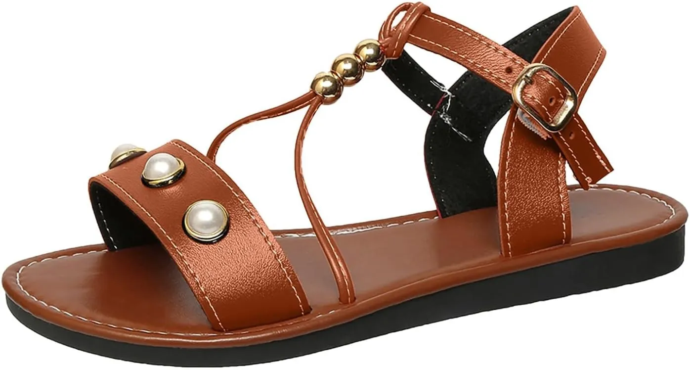 Women Rhinestone Sandals Buckle Bohemian Pearl Crystal Flat Elastic Ankle Strap Dress Open Toe Bling Beach Sandal