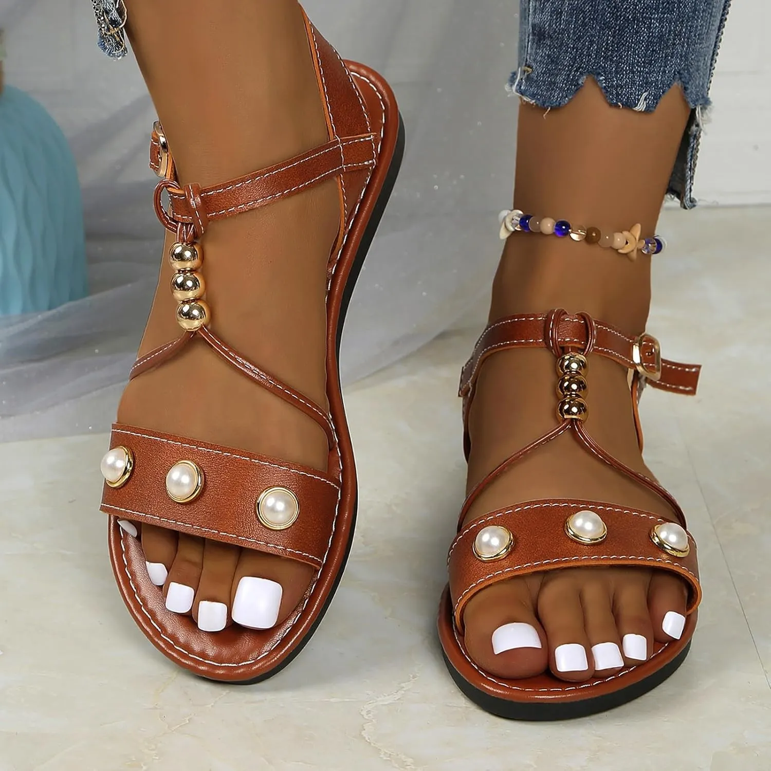 Women Rhinestone Sandals Buckle Bohemian Pearl Crystal Flat Elastic Ankle Strap Dress Open Toe Bling Beach Sandal
