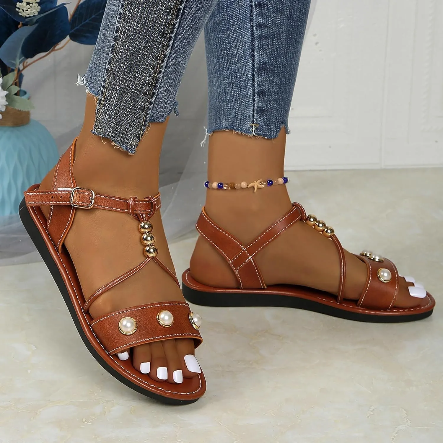 Women Rhinestone Sandals Buckle Bohemian Pearl Crystal Flat Elastic Ankle Strap Dress Open Toe Bling Beach Sandal