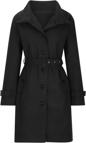 Women Single Breasted Long Trench Coat Windproof Classic Soft Slim Overcoat with Belt Wool Blend Warm Lapel Pea Coat
