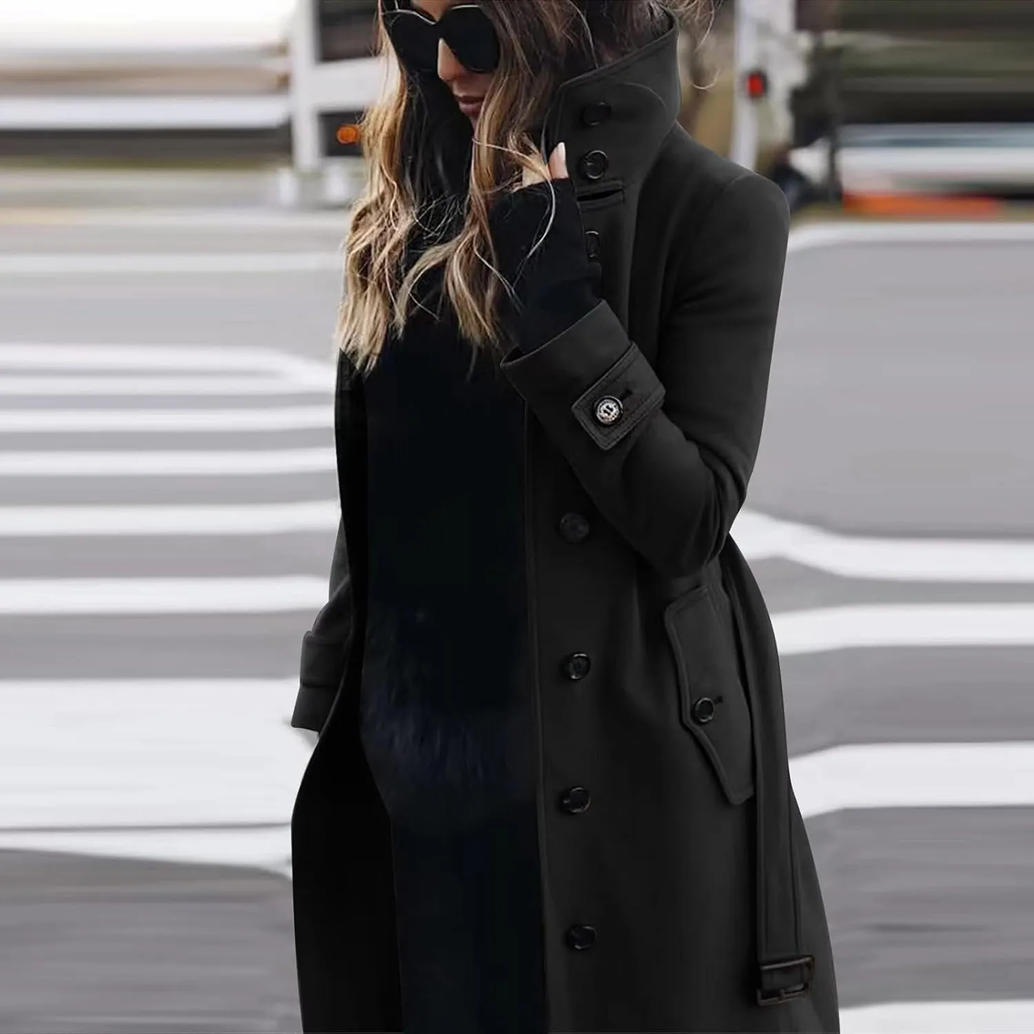 Women Single Breasted Long Trench Coat Windproof Classic Soft Slim Overcoat with Belt Wool Blend Warm Lapel Pea Coat