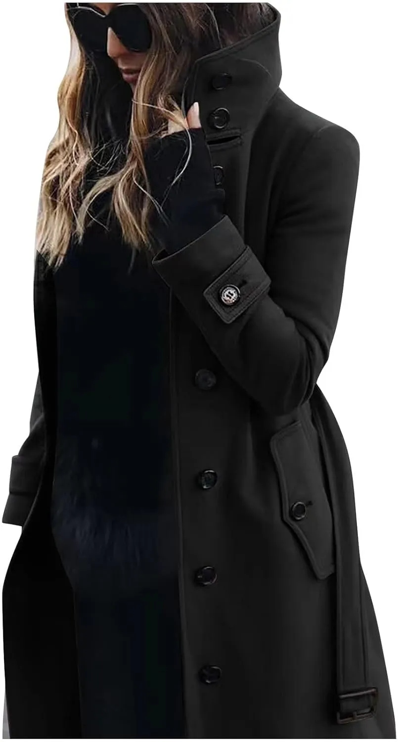 Women Single Breasted Long Trench Coat Windproof Classic Soft Slim Overcoat with Belt Wool Blend Warm Lapel Pea Coat