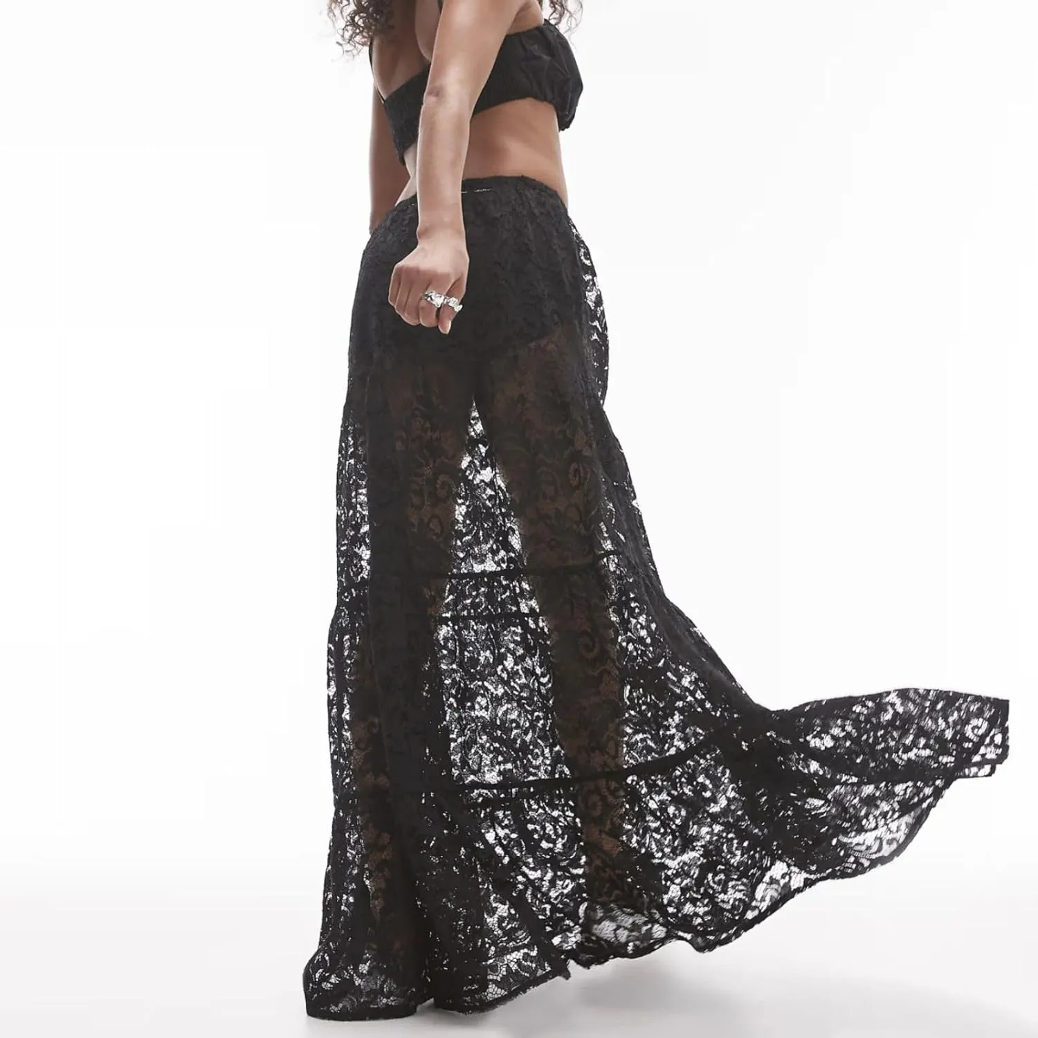 Women Tiered Sheer Lace Maxi Skirt Elastic Waist High Rise Flowy A-Line Sexy See Through Long Skirt Clubwear