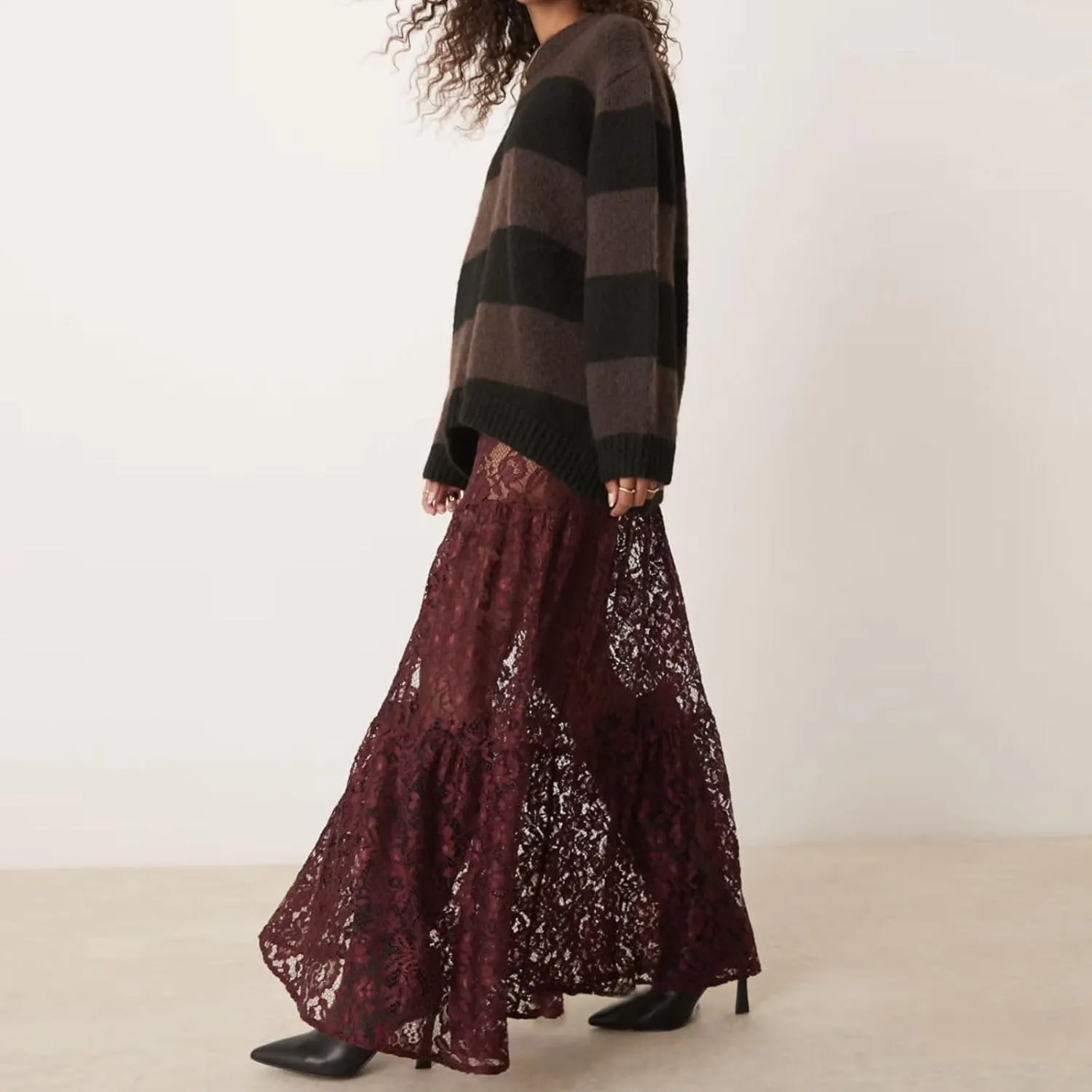Women Tiered Sheer Lace Maxi Skirt Elastic Waist High Rise Flowy A-Line Sexy See Through Long Skirt Clubwear