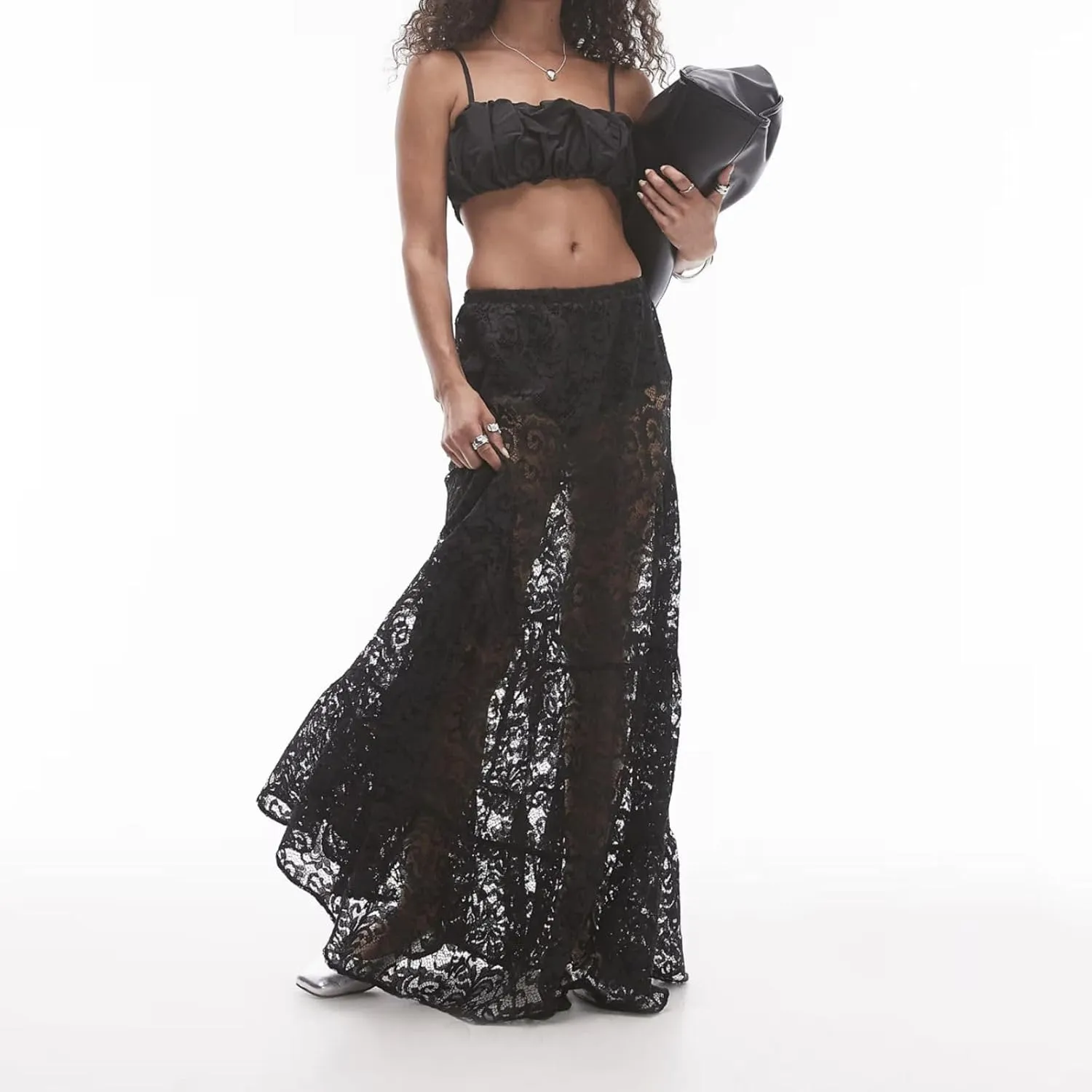 Women Tiered Sheer Lace Maxi Skirt Elastic Waist High Rise Flowy A-Line Sexy See Through Long Skirt Clubwear