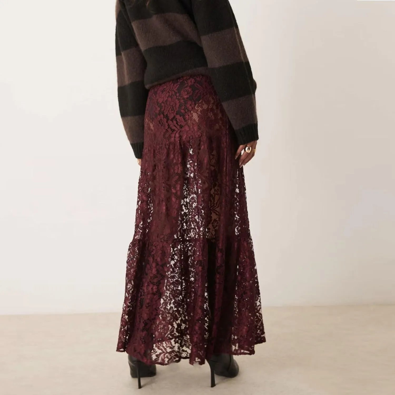 Women Tiered Sheer Lace Maxi Skirt Elastic Waist High Rise Flowy A-Line Sexy See Through Long Skirt Clubwear