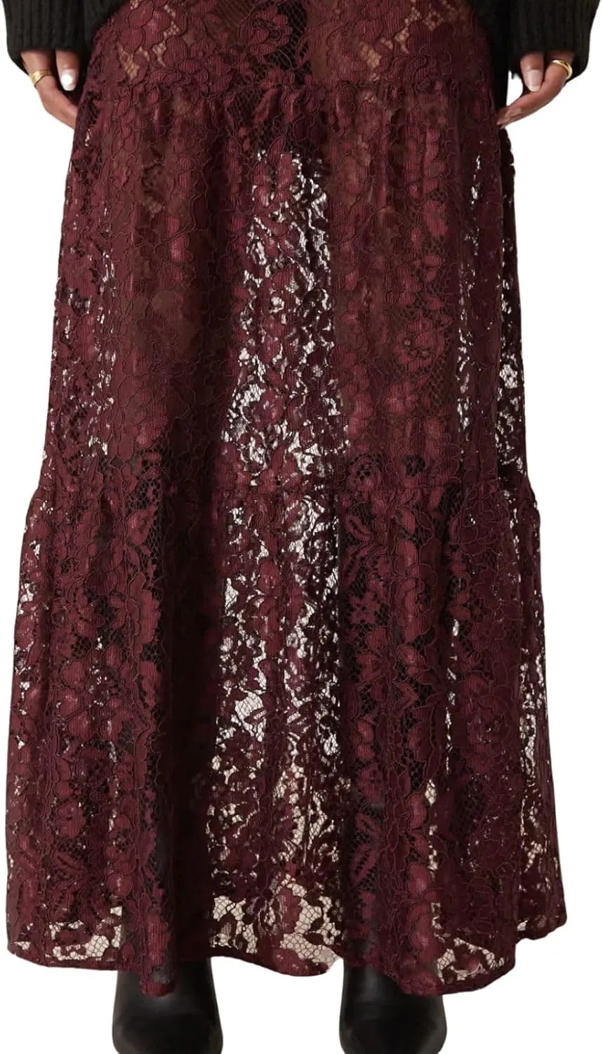 Women Tiered Sheer Lace Maxi Skirt Elastic Waist High Rise Flowy A-Line Sexy See Through Long Skirt Clubwear
