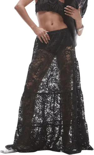 Women Tiered Sheer Lace Maxi Skirt Elastic Waist High Rise Flowy A-Line Sexy See Through Long Skirt Clubwear