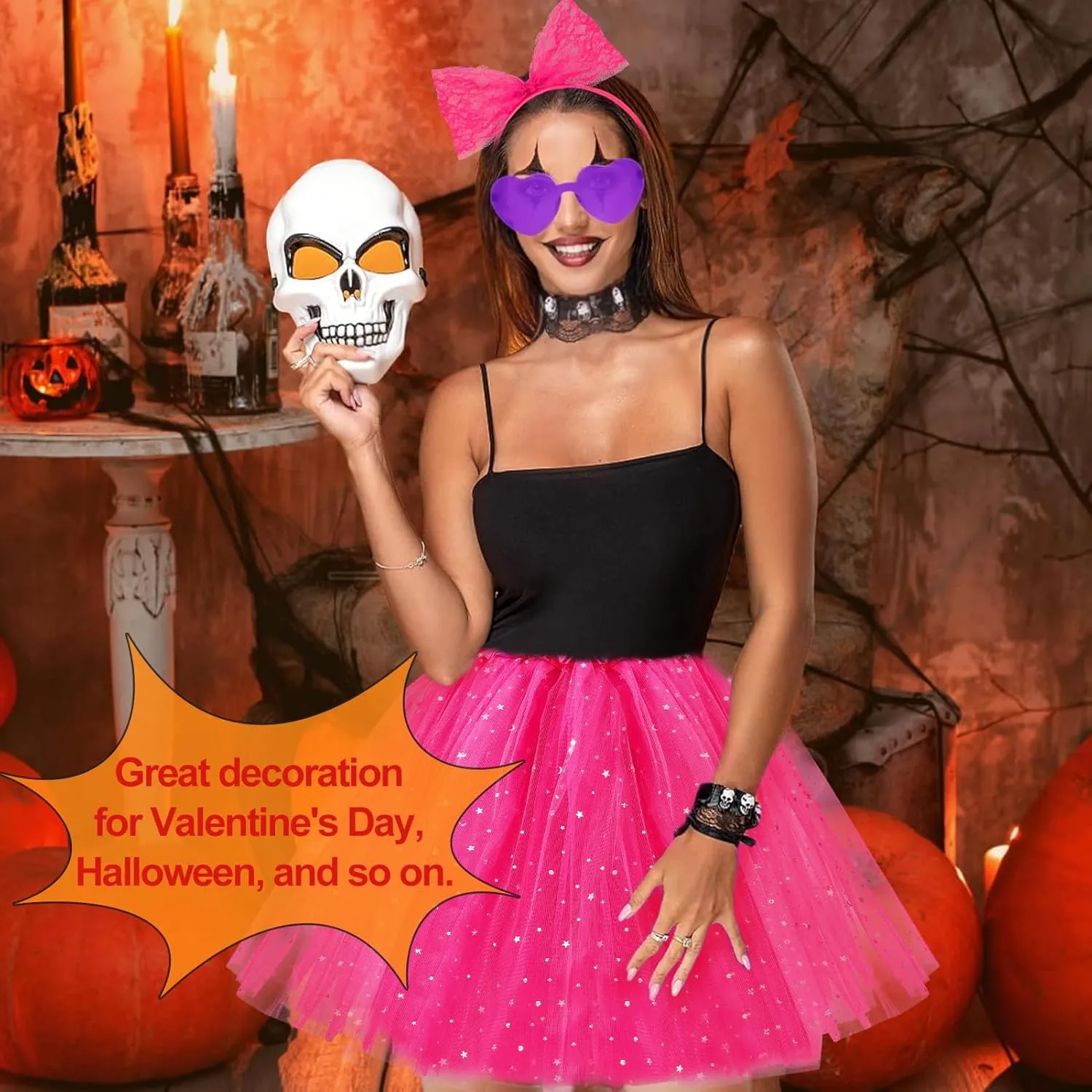 Women Tutu Costume Accessories Set, 3 Layered Tulle Tutu Skirt Heart Sunglasses Bow Headband Colorful Party Favors