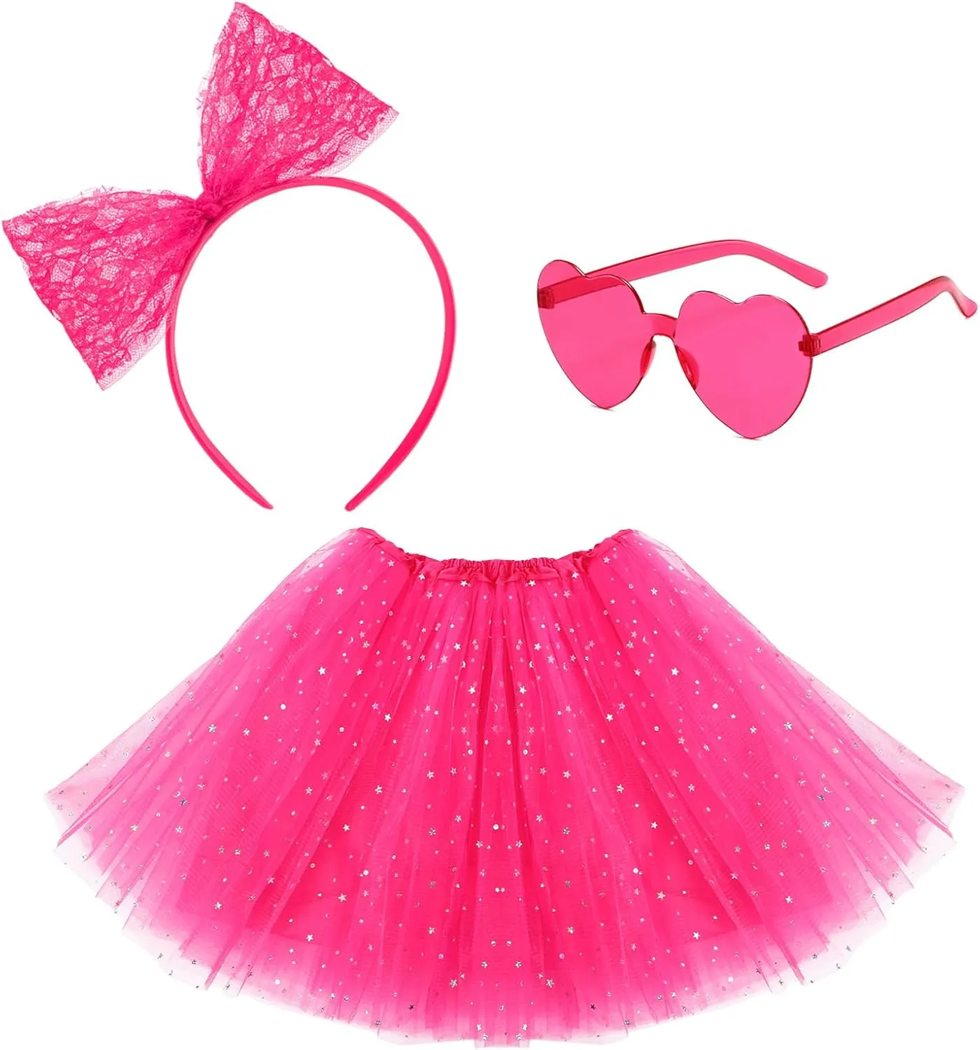 Women Tutu Costume Accessories Set, 3 Layered Tulle Tutu Skirt Heart Sunglasses Bow Headband Colorful Party Favors