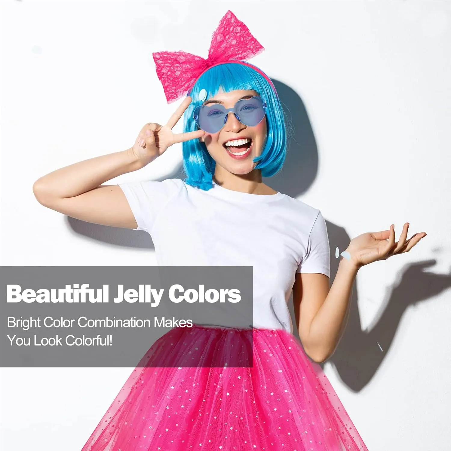 Women Tutu Costume Accessories Set, 3 Layered Tulle Tutu Skirt Heart Sunglasses Bow Headband Colorful Party Favors
