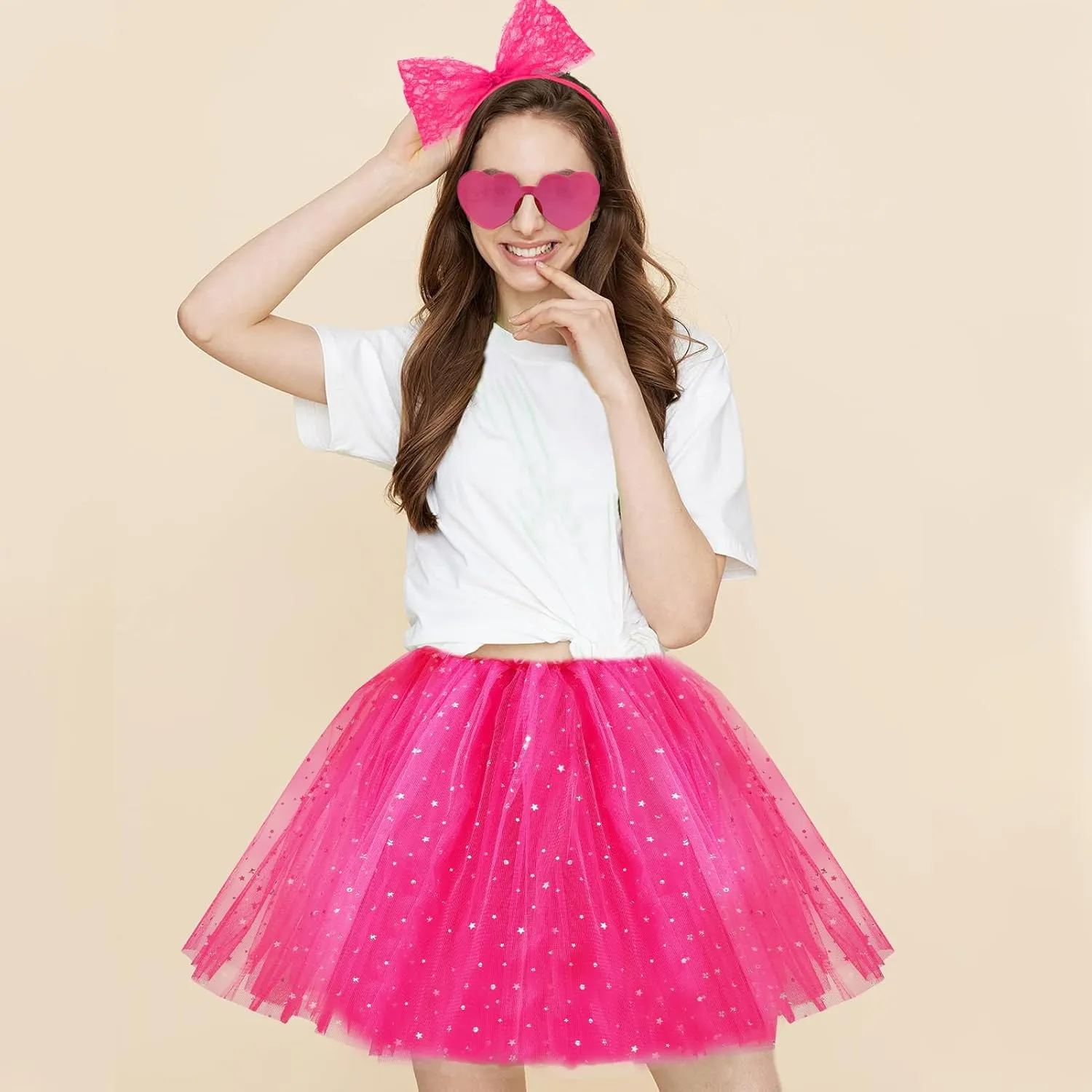 Women Tutu Costume Accessories Set, 3 Layered Tulle Tutu Skirt Heart Sunglasses Bow Headband Colorful Party Favors