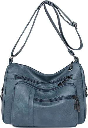 Women Vintage Soft Leather Water Proof Fashionable Crossbody Bag Classic Lightweight Pocket Canvas (Blue, One Size)