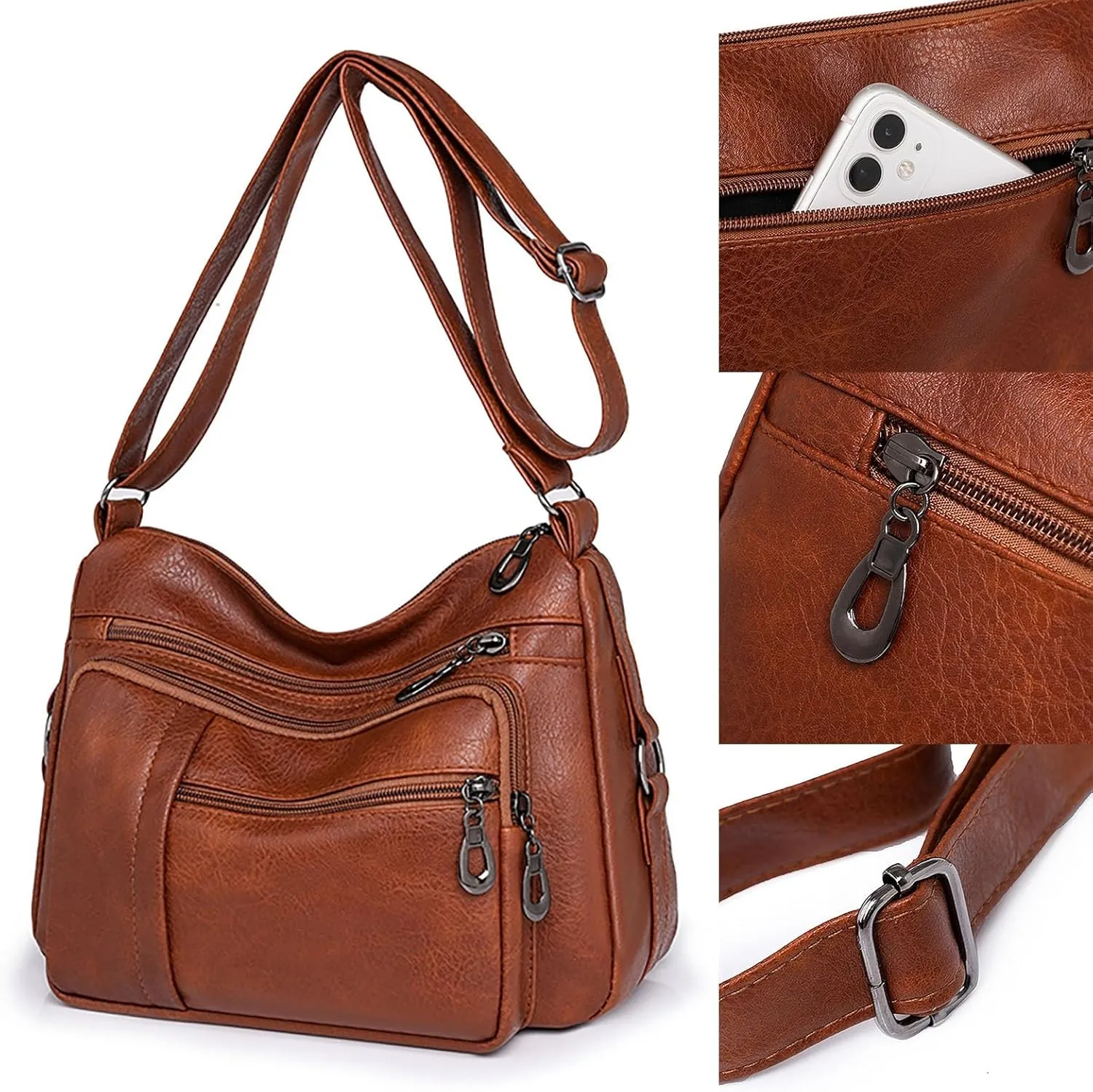 Women Vintage Soft Leather Water Proof Fashionable Crossbody Bag Classic Lightweight Pocket Canvas (Brown, One Size)
