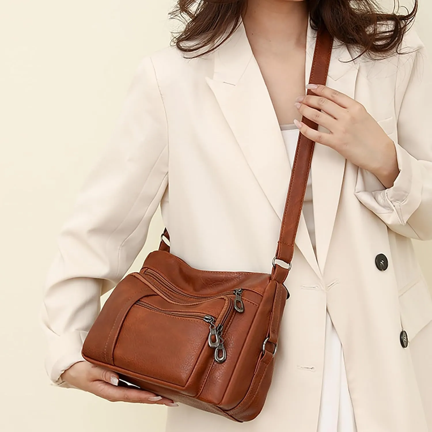 Women Vintage Soft Leather Water Proof Fashionable Crossbody Bag Classic Lightweight Pocket Canvas (Brown, One Size)