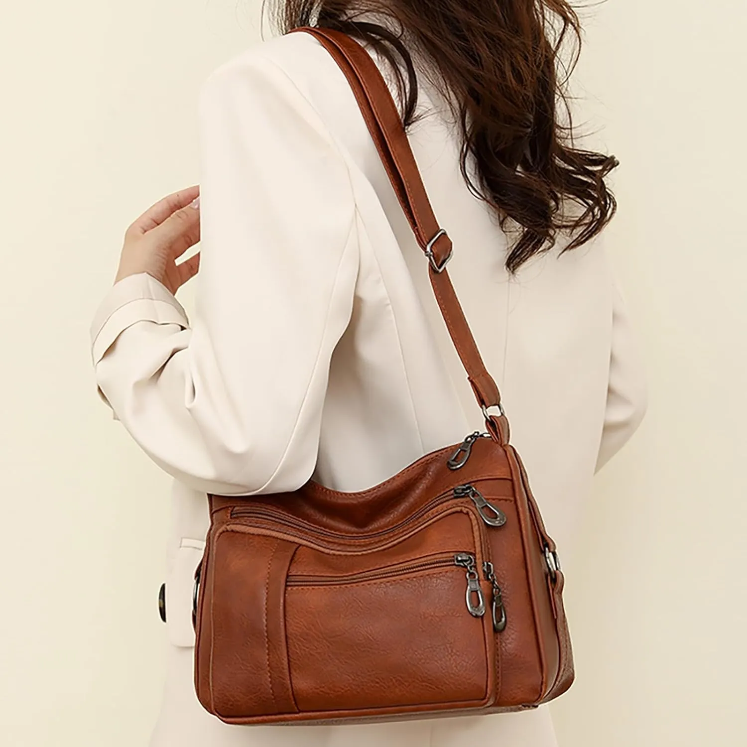 Women Vintage Soft Leather Water Proof Fashionable Crossbody Bag Classic Lightweight Pocket Canvas (Brown, One Size)