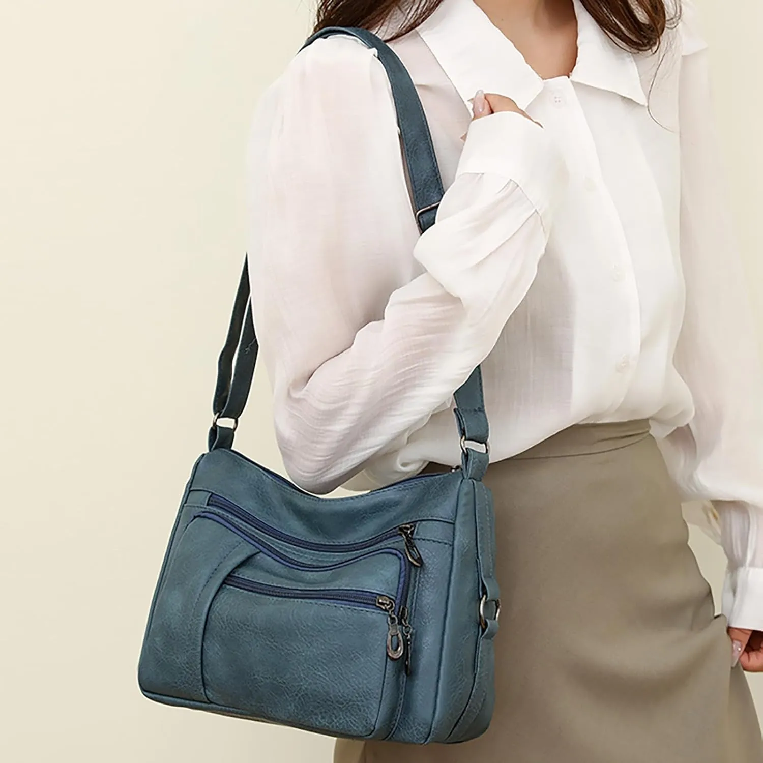 Women Vintage Soft Leather Water Proof Fashionable Crossbody Bag Classic Lightweight Pocket Zipper (Blue, One Size)