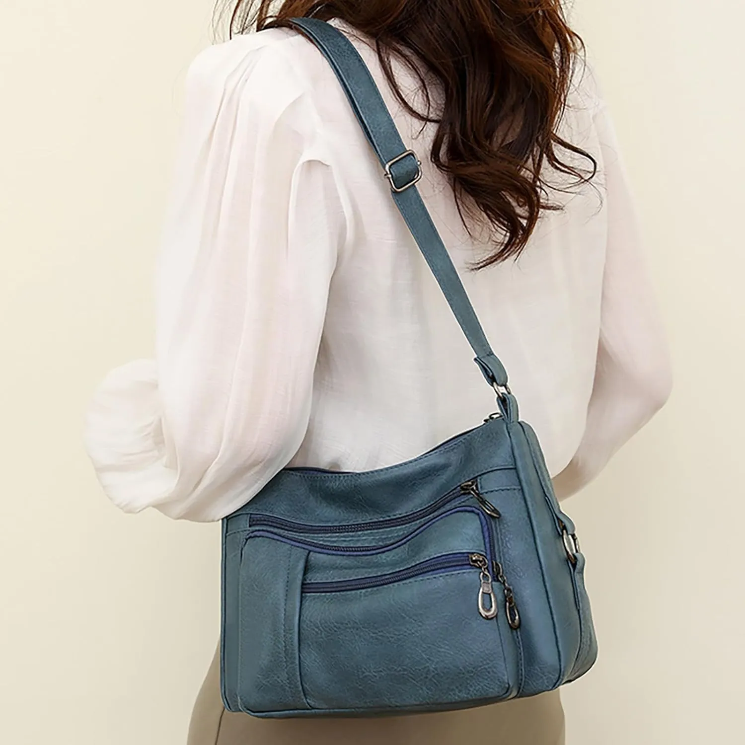 Women Vintage Soft Leather Water Proof Fashionable Crossbody Bag Classic Lightweight Pocket Zipper (Blue, One Size)