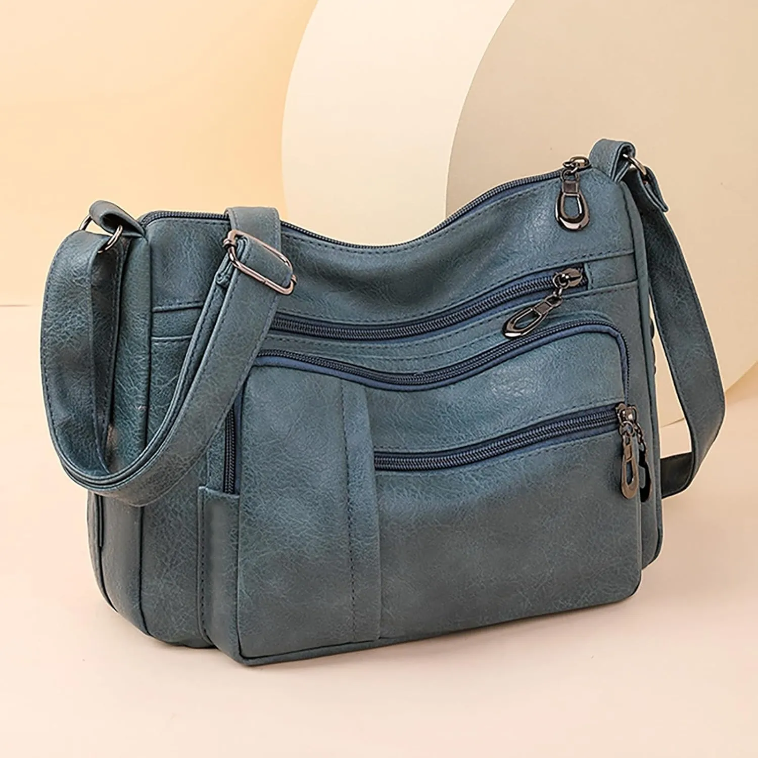 Women Vintage Soft Leather Water Proof Fashionable Crossbody Bag Classic Lightweight Pocket Zipper (Blue, One Size)