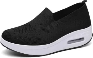 Women Wedge Shoes Breathable Mesh Sneakers Non Slip Casual Knit Boat Loafers Air Cushion Slip On Comfort Walking Shoes Comfortable Women's Orthopedic Platform Sneakers