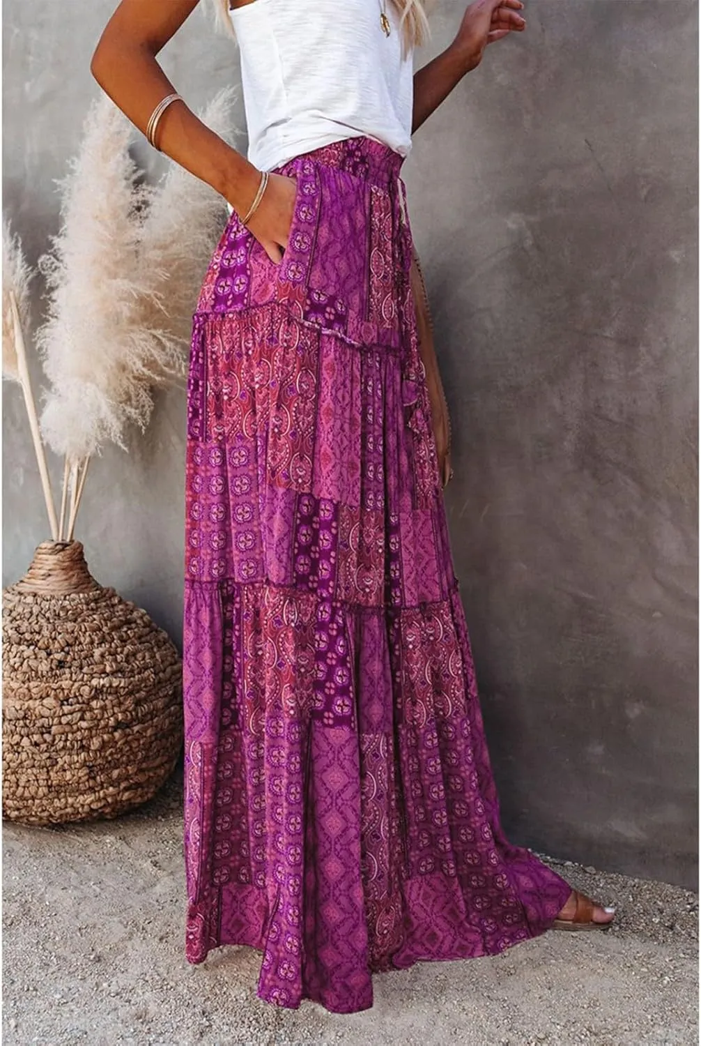 Womens 2025 Summer Boho Floral Maxi Skirt High Waist Casual Elastic Waist Flowy Pleated A Line Skirts with Pockets