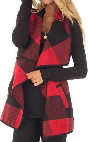 Womens Buffalo Plaid Vest Sleeveless Cardigans Vest Casual Lapel Open Front Plaid Jacket Coat with Pockets