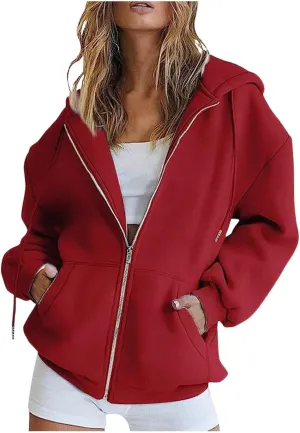 Womens Casual Solid Long Sleeve Zipper Hooded Coat Oversized Loose Outdoor Hiking Sports Sweatshirt Tops with Pocket