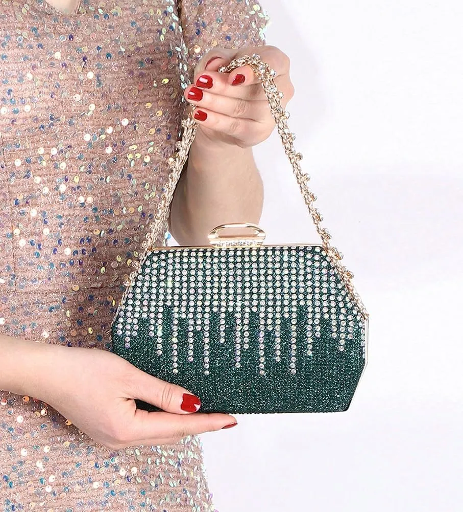Womens Chic Evening Clutch Purse Shiny Rhinestone Totes Shoulder Crossbody Bag Handbag with Chain Dinner Wedding