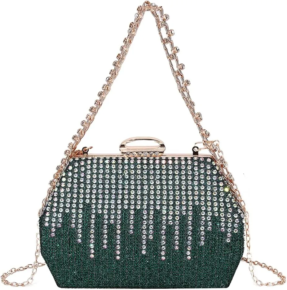 Womens Chic Evening Clutch Purse Shiny Rhinestone Totes Shoulder Crossbody Bag Handbag with Chain Dinner Wedding