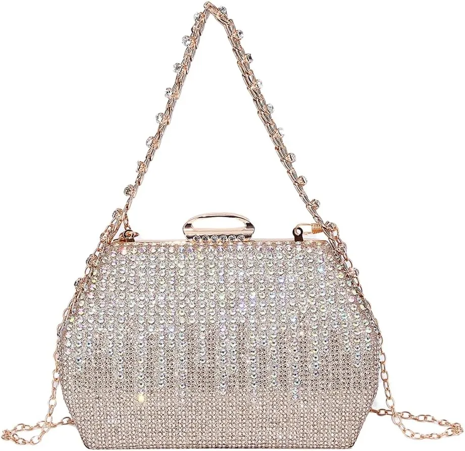 Womens Chic Evening Clutch Purse Shiny Rhinestone Totes Shoulder Crossbody Bag Handbag with Chain Dinner Wedding