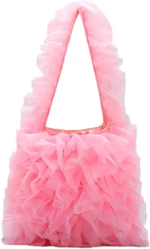 Womens Chic Yarn Shoulder Bags Soft Handbag Large Lace Tote Purse Pleated Evening Clutch for Party Wedding