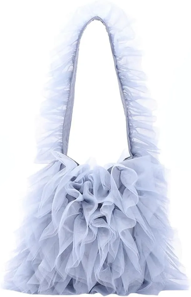 Womens Chic Yarn Shoulder Bags Soft Handbag Large Lace Tote Purse Pleated Evening Clutch for Party Wedding
