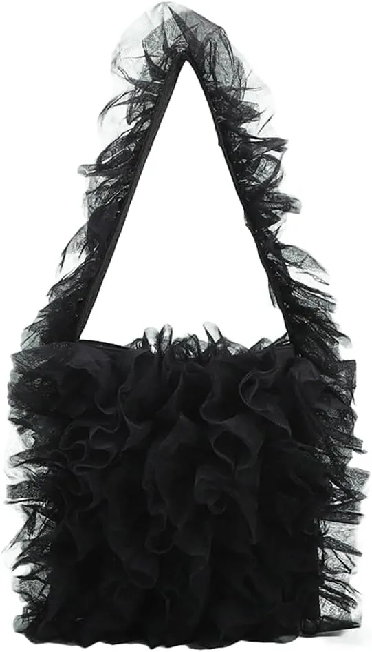 Womens Chic Yarn Shoulder Bags Soft Handbag Large Lace Tote Purse Pleated Evening Clutch for Party Wedding