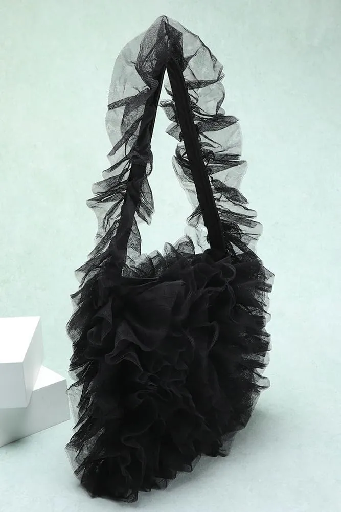 Womens Chic Yarn Shoulder Bags Soft Handbag Large Lace Tote Purse Pleated Evening Clutch for Party Wedding