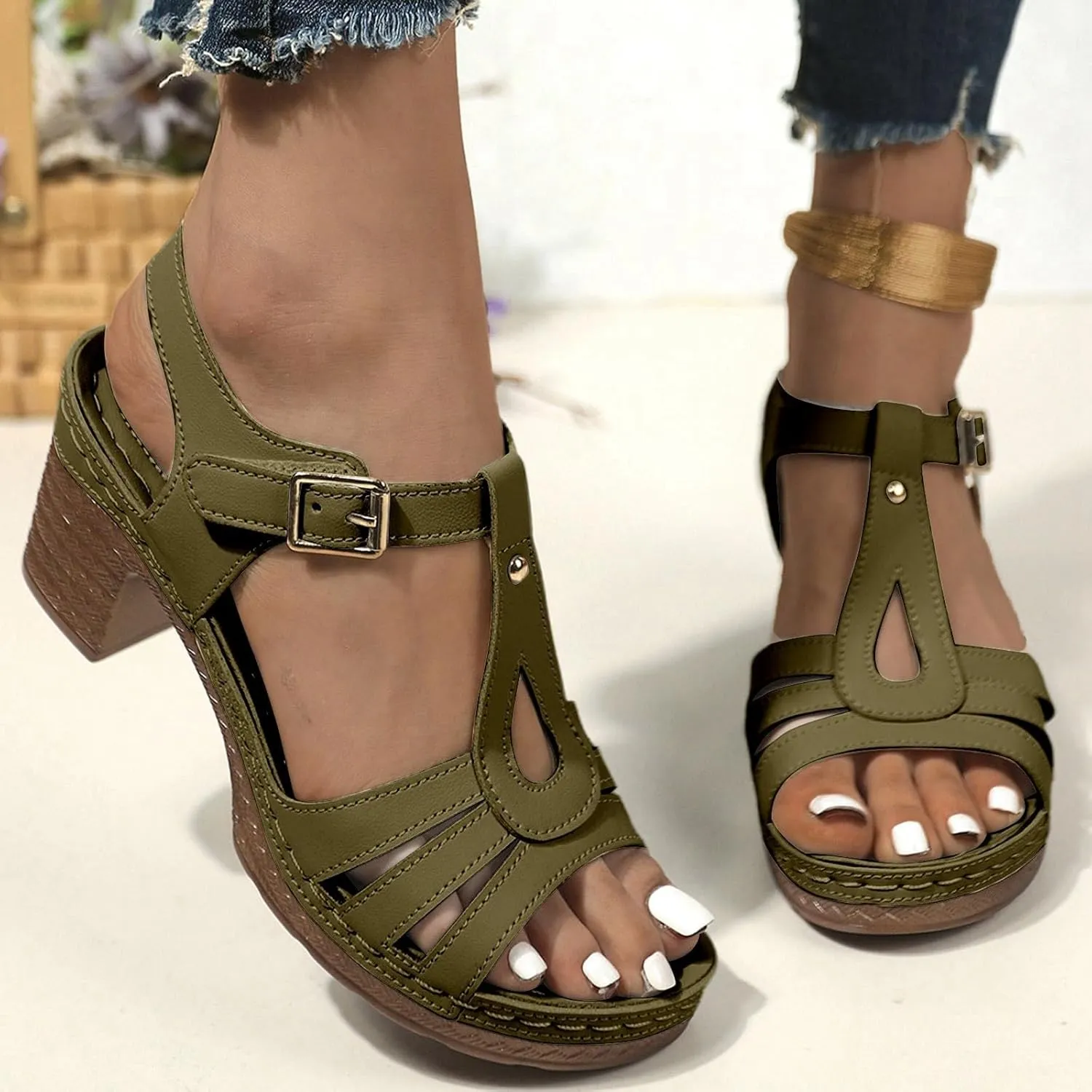 Womens Chunky Low Heels Sandals Casual Ankle Strap Open Toe Heeled Sandals Fashion Summer Party Dress Shoes